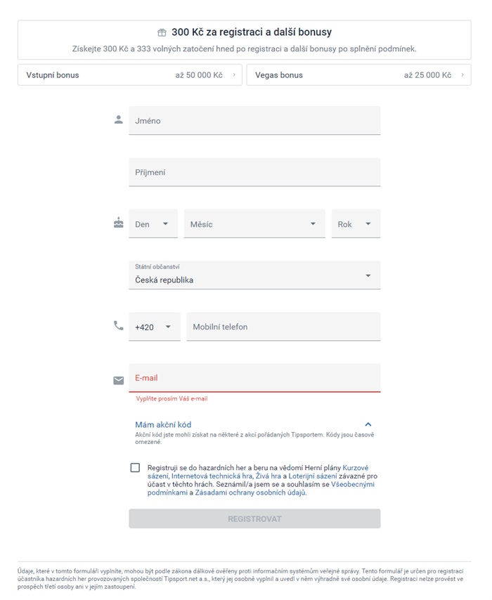 tipsport registrační formulář